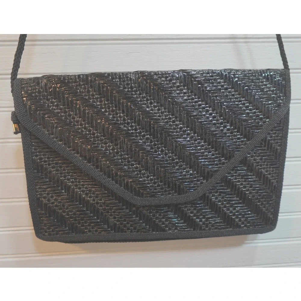 Vintage Garfinckel's Raffia Woven Purse Made in Italy Large Black Shoulder Bag